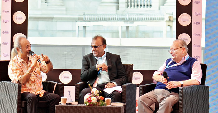 (L-R) Soumitra Ray, Balaji Vittal and Ruskin Bond at the session titled How Green Is My Story at KALAM on January 25 at Victoria Memorial