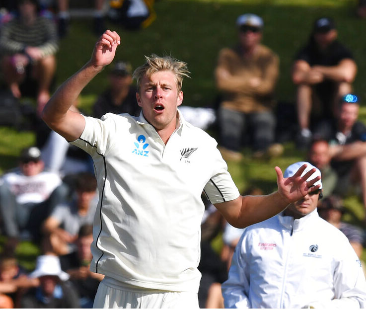 Kyle Jamieson reacts while bowling against India during the first cricket test in Wellington on Sunday
