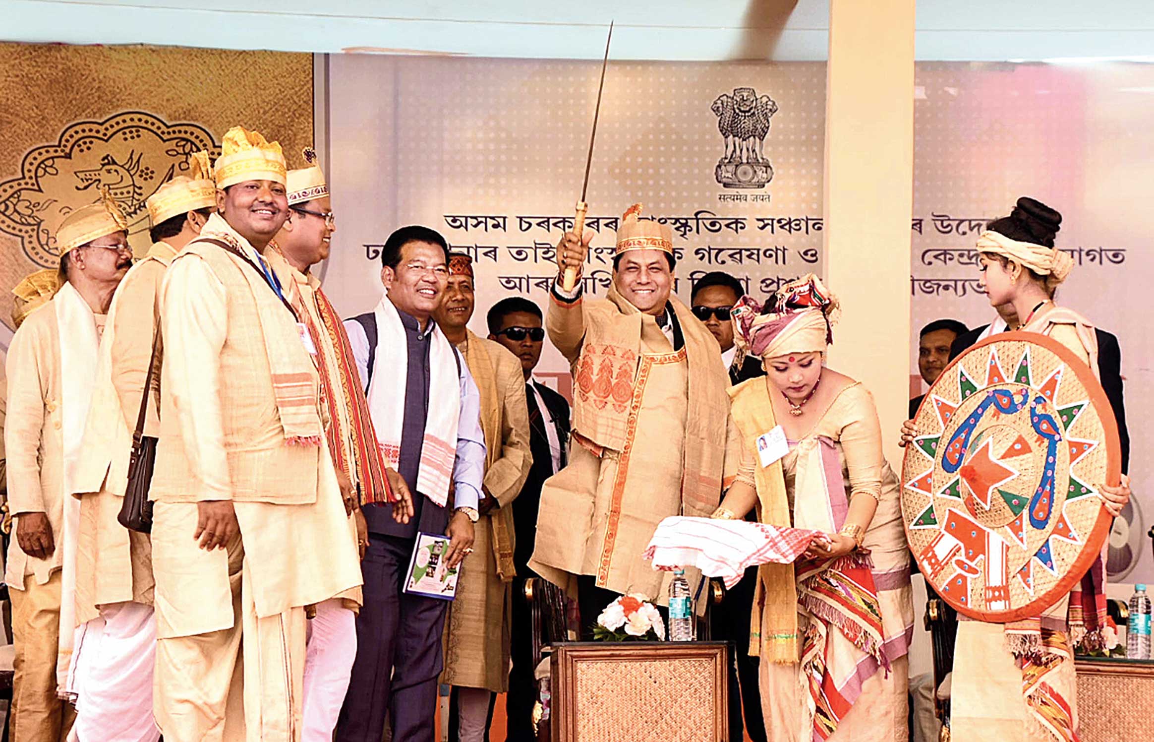 Assam chief minister Sarbananda Sonowal wields a sword at the programme at Dhakuakhana in Assam’s Lakhimpur district on Thursday. People observed Me-Dam-Me-Phi across the state for ‘unity to fight against the injustice being done through the citizenship bill’. 