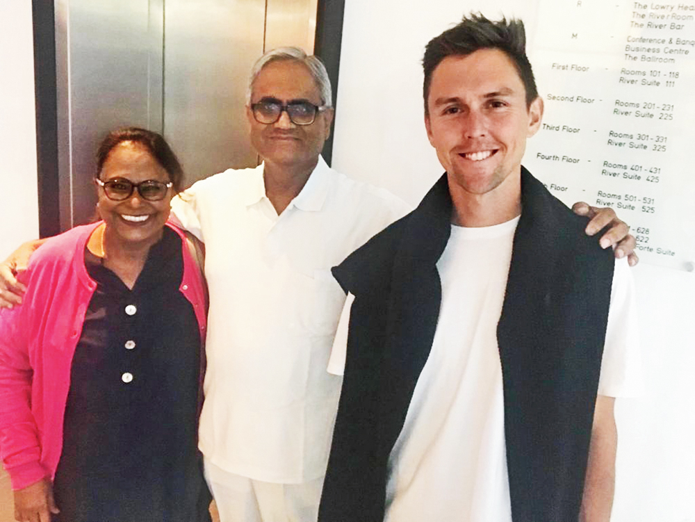 Arundhati and Rabin Chakraborty with New Zealand bowler Trent Boult