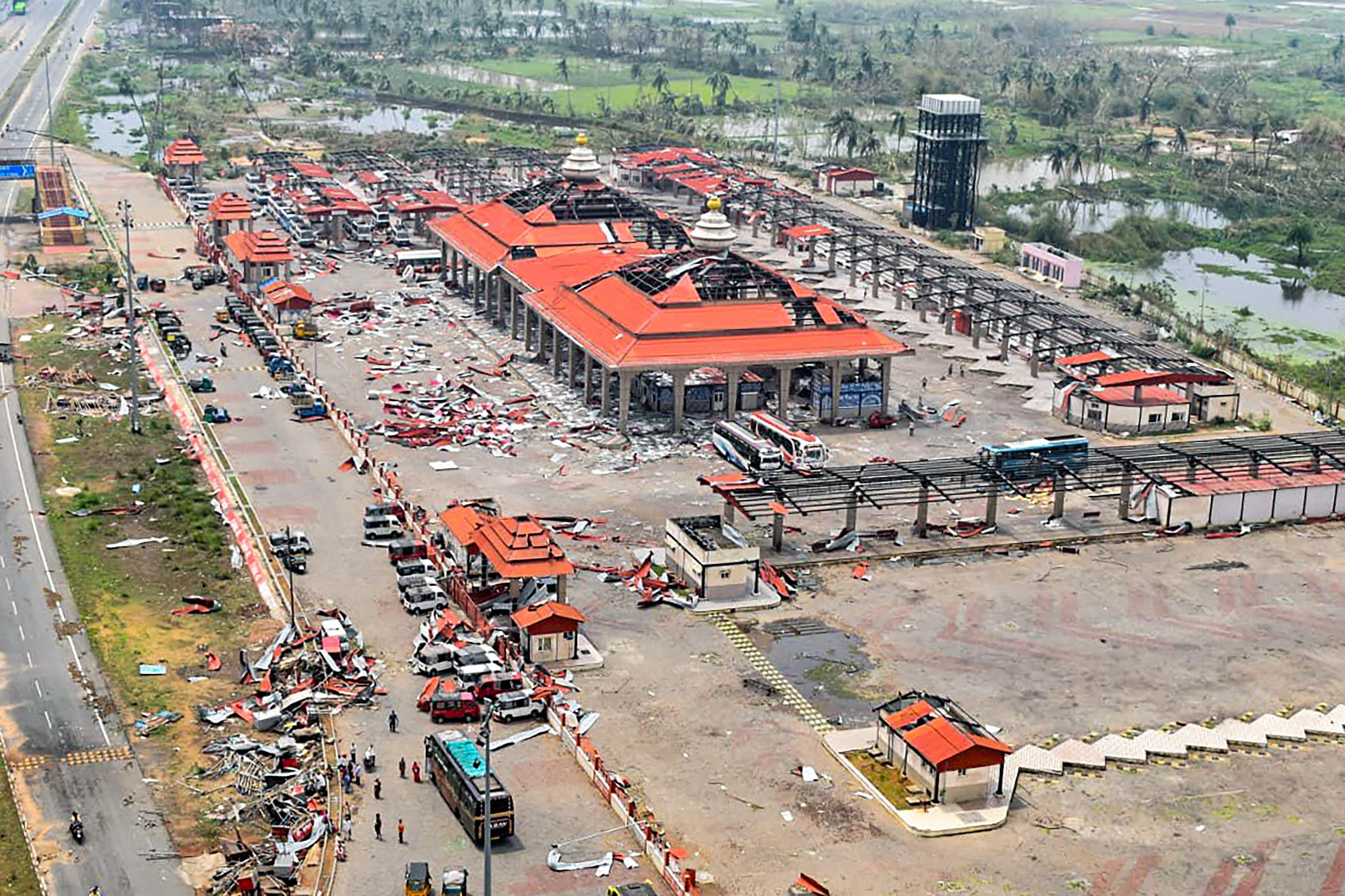 A bird’s eye view of the destruction caused by Cyclone Fani, taken during aeriel surveillance by the coast guard's Dornier aircraft, shows a bus terminus near Puri.