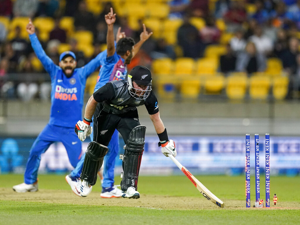 New Zealand's Tim Seifert is run out during the T20 international between India and New Zealand in Wellington, New Zealand, Friday, Jan 31, 2020.