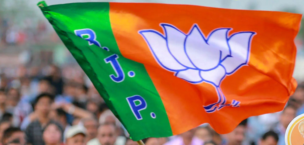 A BJP flag at a rally by Prime Minister Narendra Modi in Jammu on Thursday