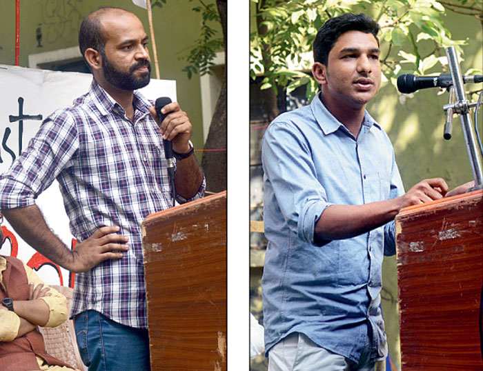 Abhisekh Nanda of the Central University of Hyderabad and (right) Istiaq Ahmed, a law student at Aligarh Muslim University, speak at the convention on Friday