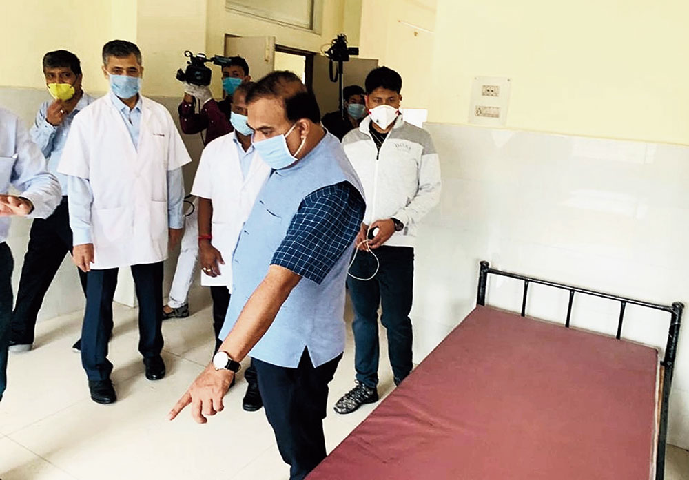 Assam health and education minister Himanta Biswa Sarma inspects the TB hospital in Guwahati on Saturday, which will be used to treat Covid-19 patients. 
