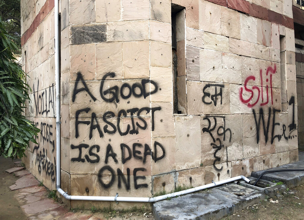 Graffiti in Jamia Millia Islamia that reads, "A good fascist is a dead one," spray-painted in the university