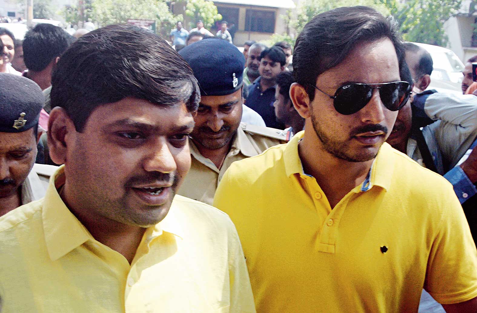 Jharia MLA Sanjeev Singh (left) comes out of Dhanbad court on Thursday. 

