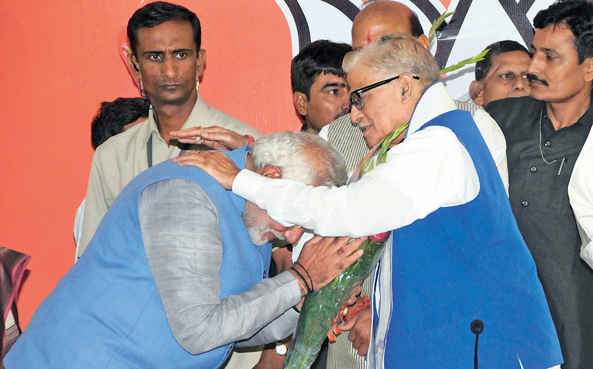 On May 17, 2014, a day after winning the general election and a little over a week before taking oath as Prime Minister, Narendra Modi seeks the blessings of Murli Manohar Joshi at the BJP headquarters in New Delhi.