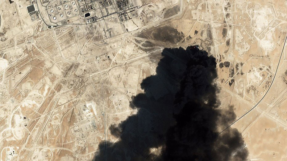 Satellite image from Planet Labs Inc shows thick black smoke rising from Saudi Aramco’s Abqaiq oil-processing facility in Buqyaq.

