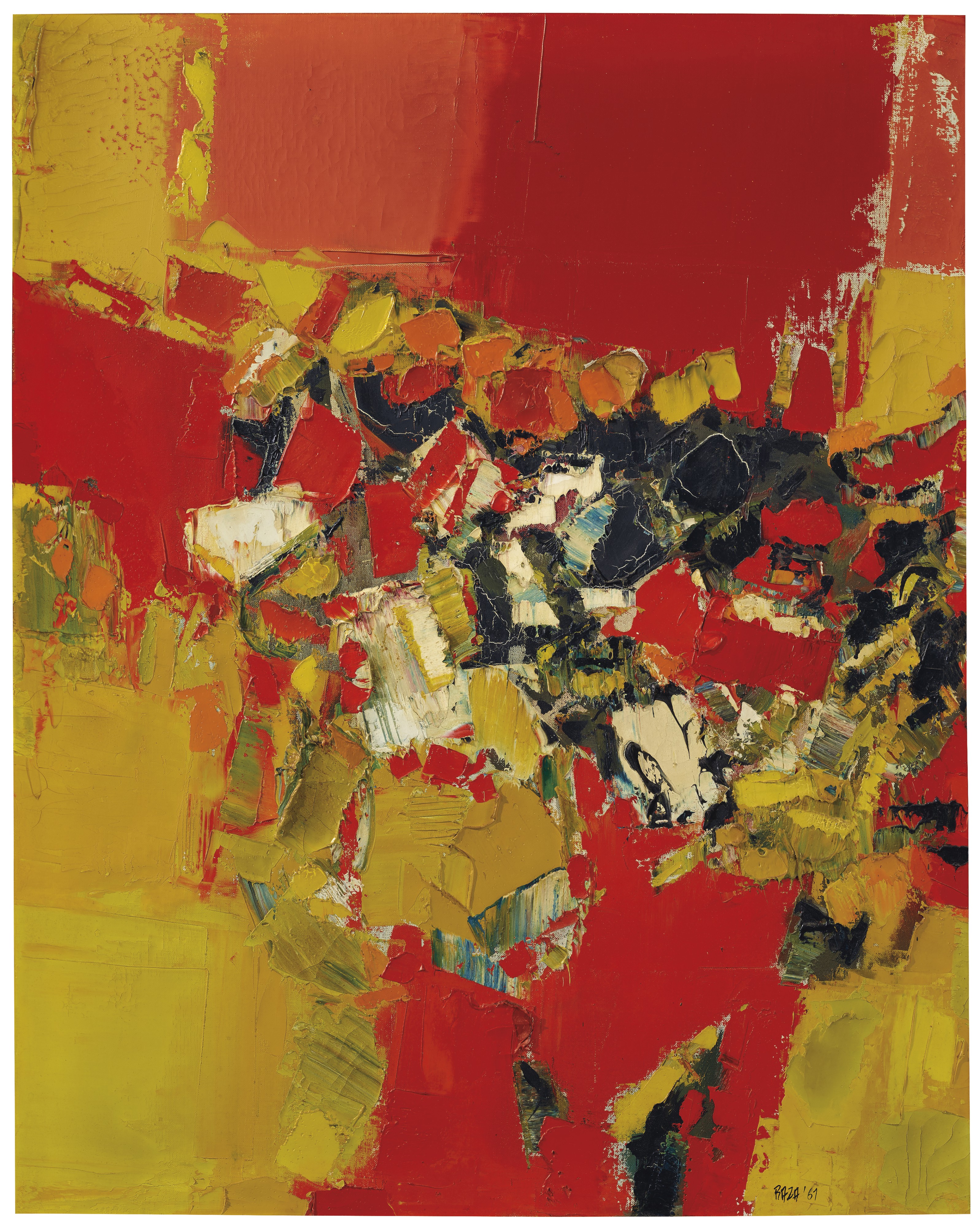 Plein Soleil, S H Raza.
Painted in 1961, this work represents a stark shift from Syed Haider Raza’s paintings of the French countryside that drew inspiration from Cézanne and Van Gogh. Moving away from direct representation and ordered construction, here Raza adopts thick, expressive brushwork to reflect his recollections of his childhood in central India. Titled 'Plein Soleil', this painting represents Raza’s return to the traditions of South Asian visual culture. In this landscape, Raza draws from Pahari, Jain and Rajput miniature painting, particularly in terms of its palette of primary colours. (Estimate: $100,00-150,000)
