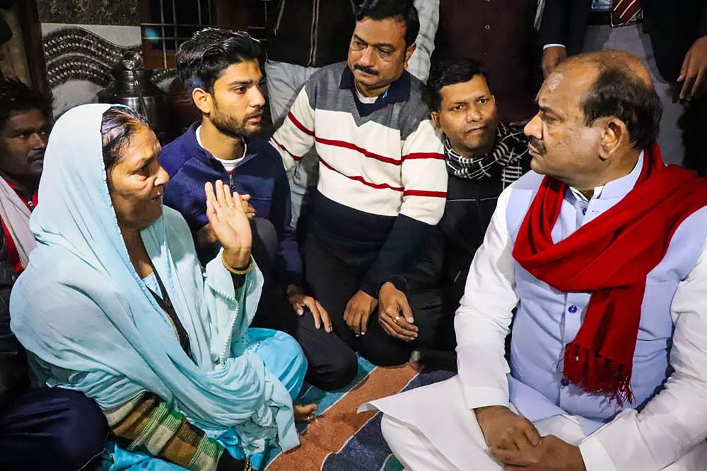 Lok Sabha Speaker Om Birla, who is also the member of Parliament from Kota, meets the family of an infant who died at a hospital in the Rajasthan town on January 4
