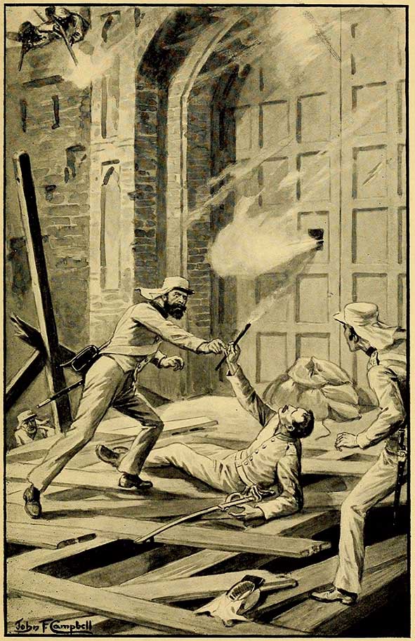 An illustration of the blowing up of the Kashmiri Gate in Delhi by John F. Campbell