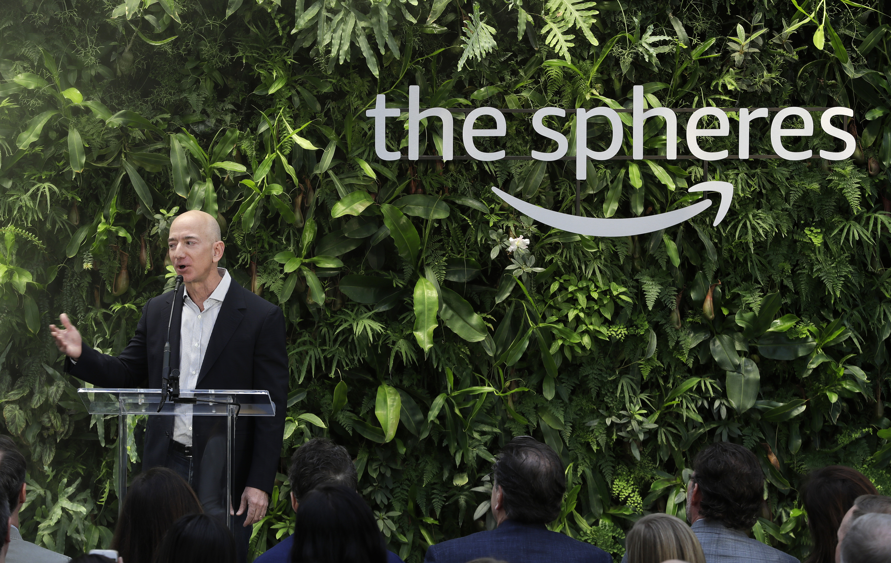 Jeff Bezos, the CEO and founder of Amazon.com, speaks during the grand opening of the Amazon Spheres in Seattle