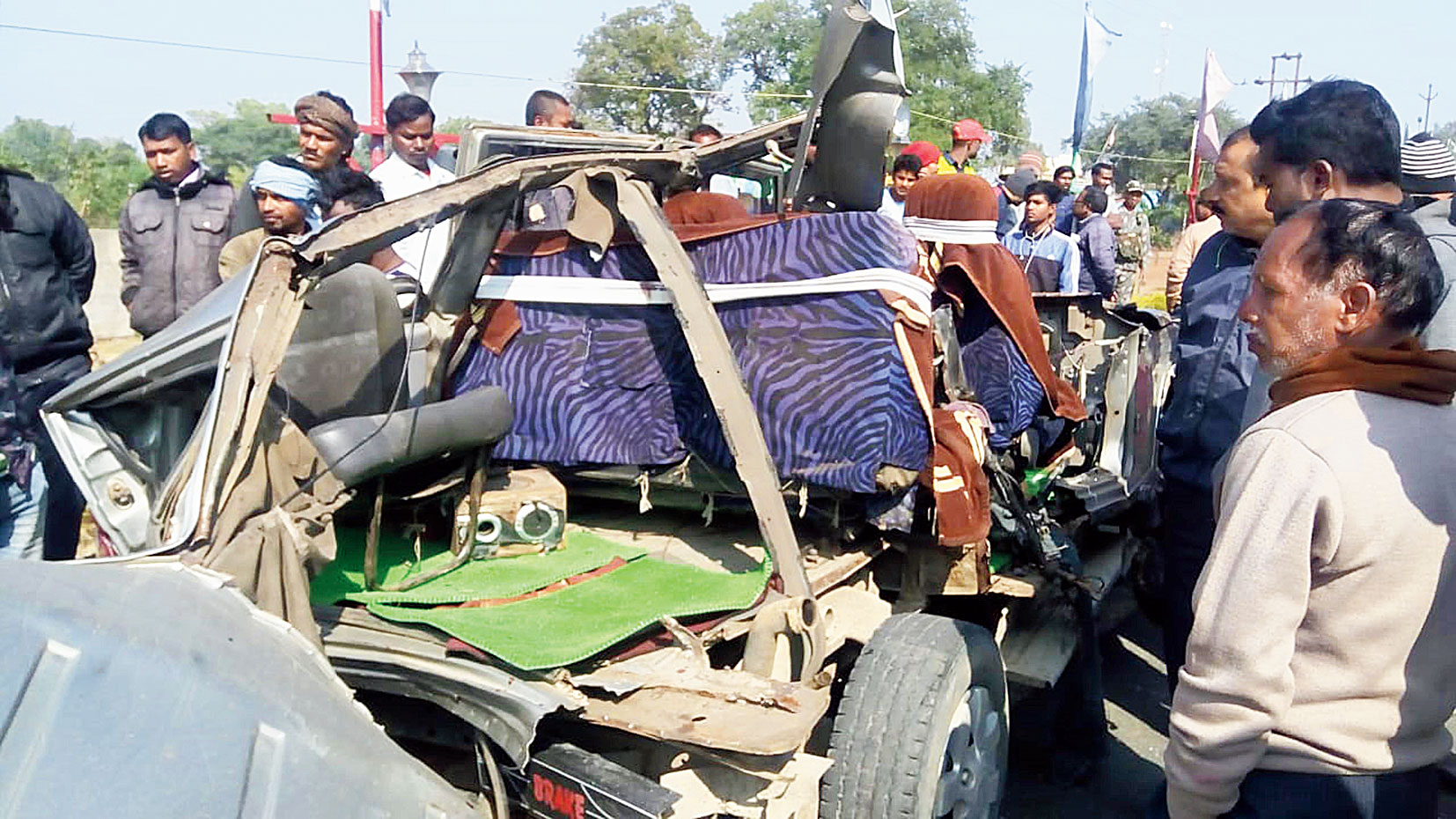 The mangled car after it met with an accident at Ormanjhi in Ranchi on Saturday.