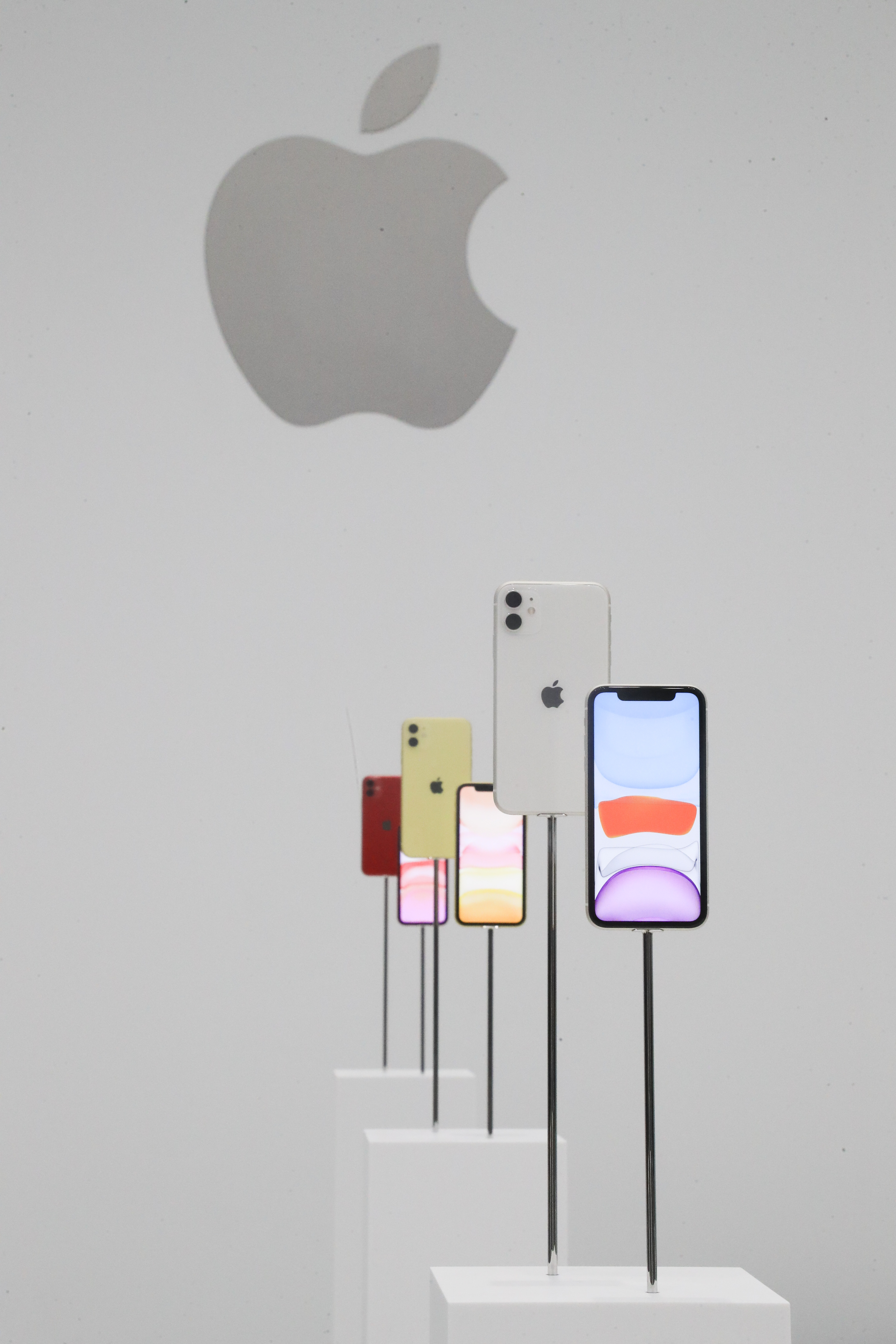 Apple iPhone 11s on display during the hands-on portion of Apple's annual product launch event in Cupertino.