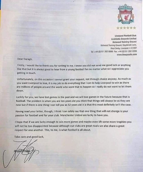 Juergen Klopp's reply to Daragh Curley