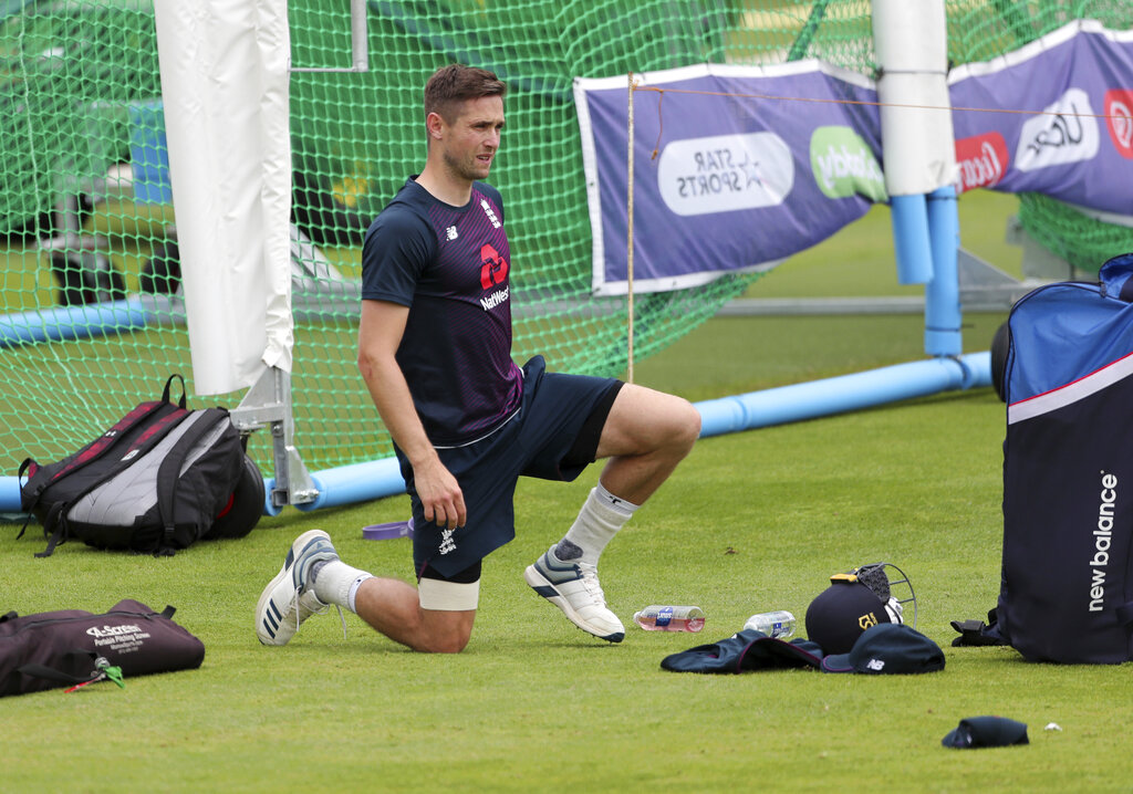 England's Chris Woakes prepares to bat in the nets a training session ahead of the Cricket World Cup final match against New Zealand at Lord's cricket ground in London, England, Saturday, July 13, 2019.