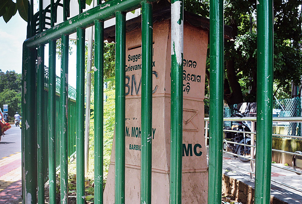 A grievance and suggestion drop box of the Bhubaneswar Municipal Corporation near Jayadev Bhavan in Bhubaneswar. 