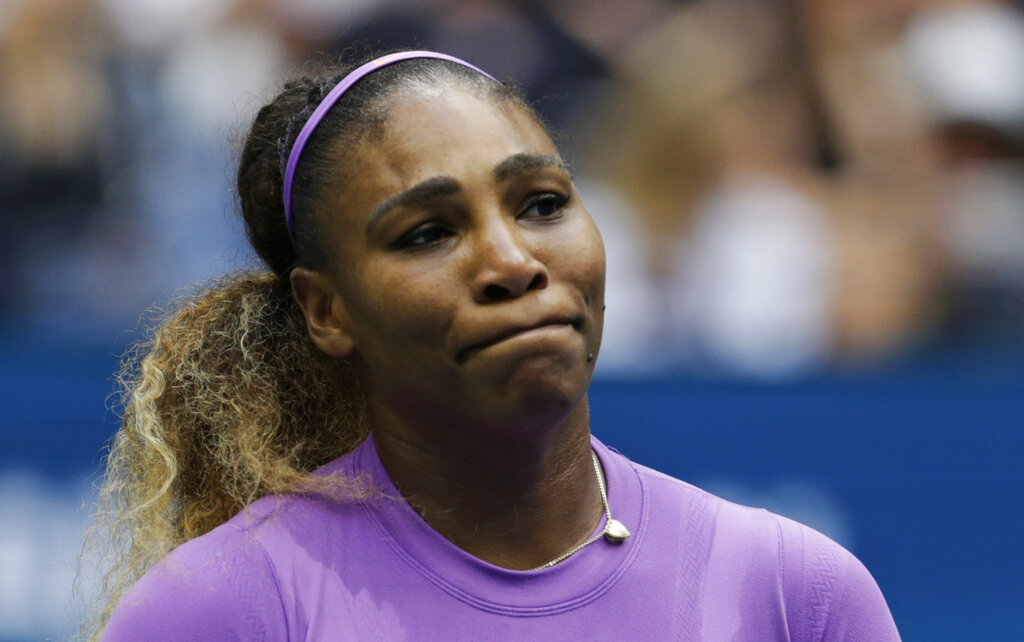 Serena Williams reacts after losing a point to Bianca Andreescu during the US Open women's singles final on Saturday, September 7, 2019 in New York