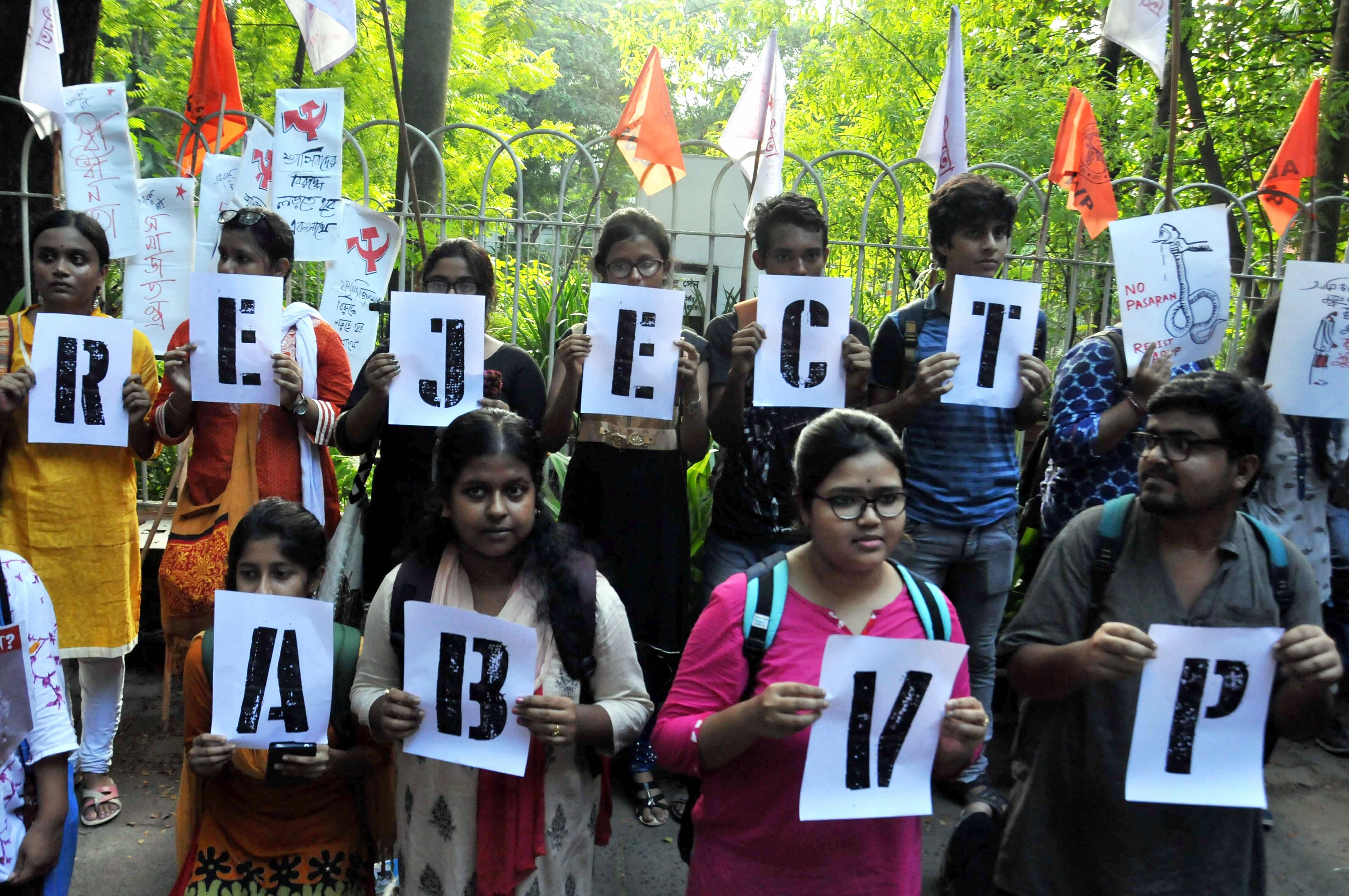 Students of Jadavpur University, Calcutta, at a protest against Union minister Babul Supriyos participation in an ABVP seminar on Thursday, September 19, 2019 