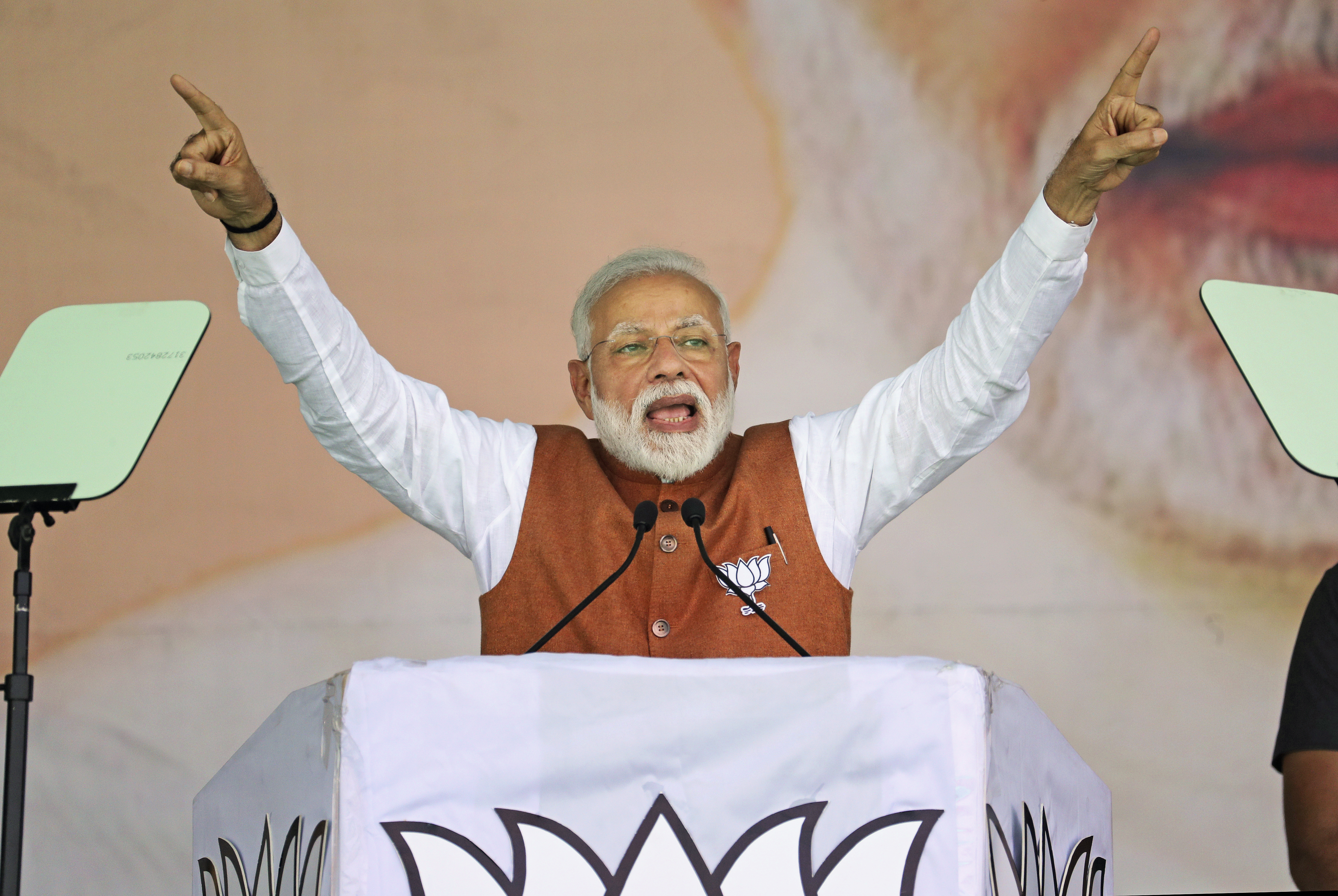 PM Narendra Modi addresses the Vijay Sankalp rally in Meerut on Thursday. At the rally, he said his government had carried out surgical strikes in all spheres — land, sky and space.