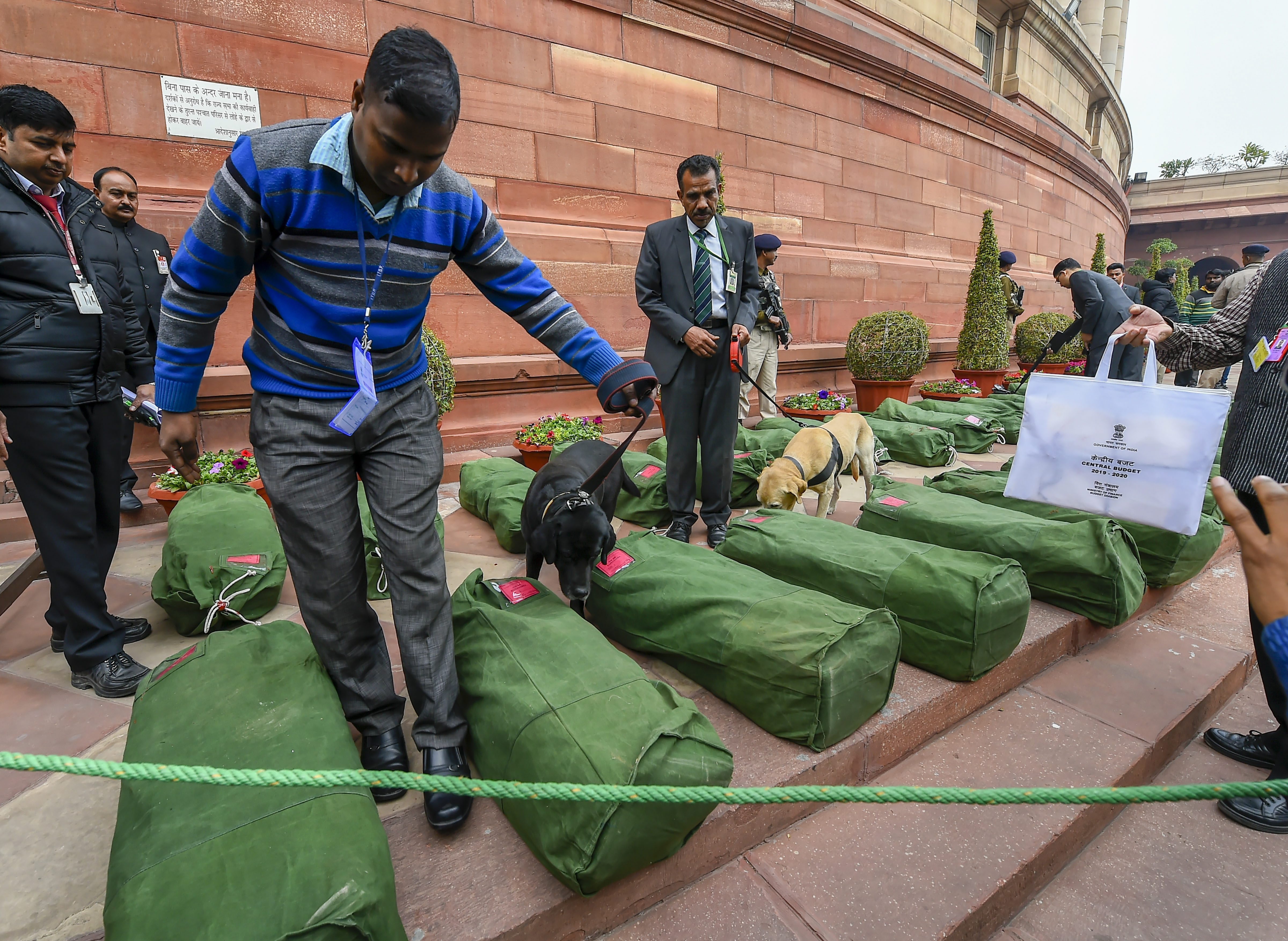 A sniffer dog near bundles containing the copies of interim budget outside Parliament on February 1.