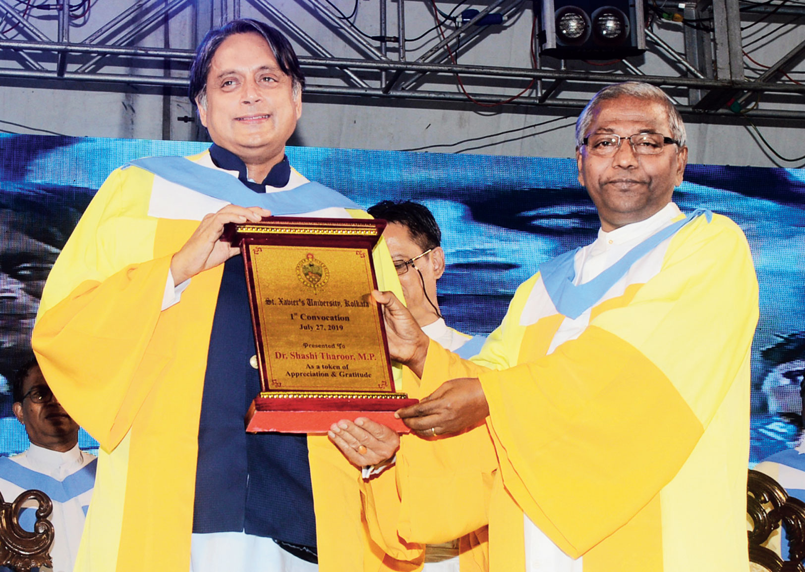 Shashi Tharoor, Congress MP for Thiruvananthapuram and author, with (right) Father Felix Raj, vice-chancellor, St Xavier’s University, Calcutta, at the university’s first convocation on its New Town campus on Saturday. 