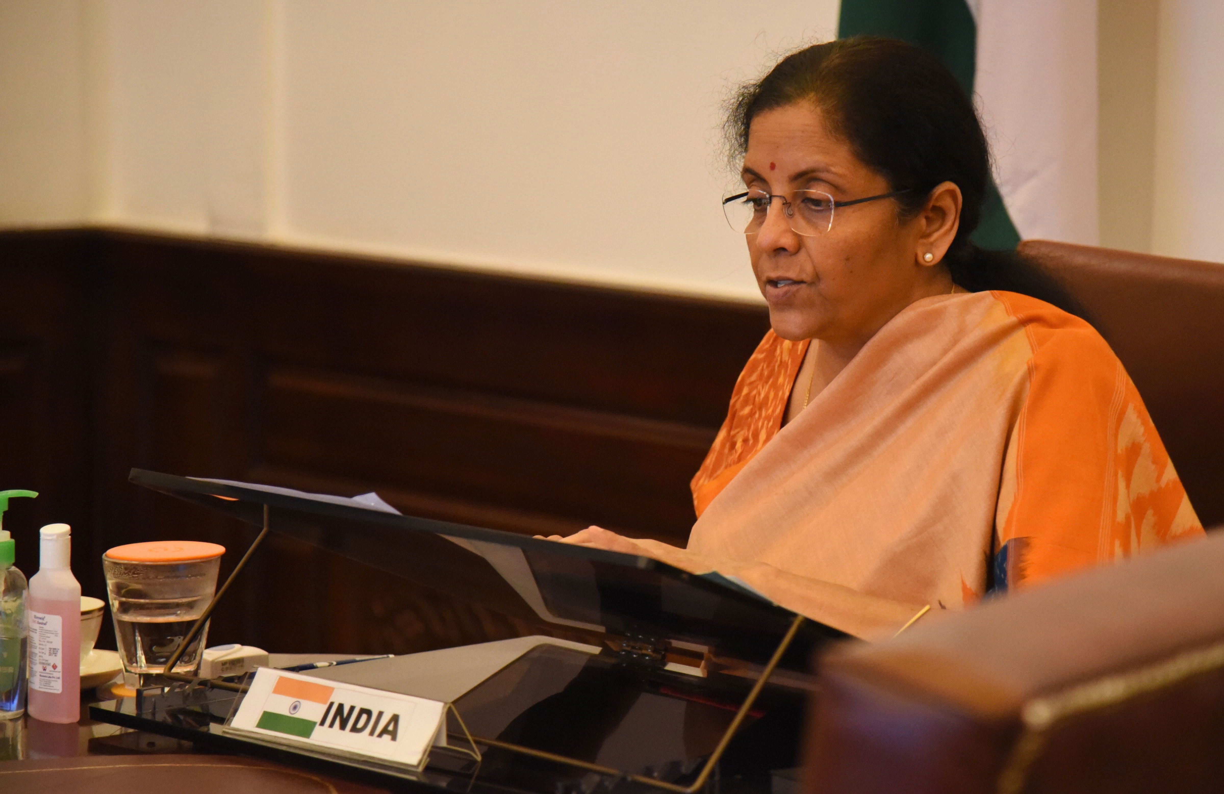 Union Finance Minister Nirmala Sitharaman attends the plenary meeting of the International Monetary and Financial Committee of the International Monetary Fund through video conferencing, in New Delhi, Thursday, April 16, 2020.
