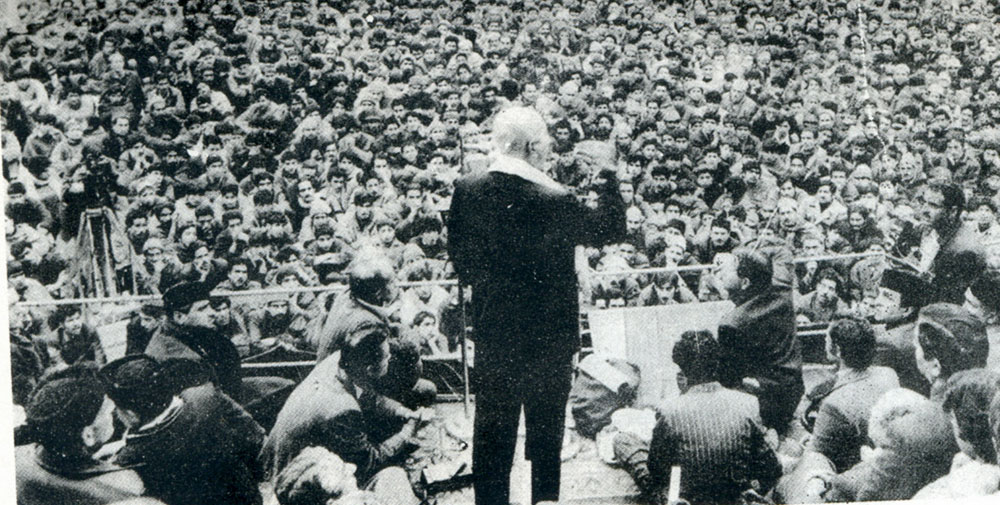 Sheikh Abdullah addressing a gathering at Lal Chowk Srinagar in 1975