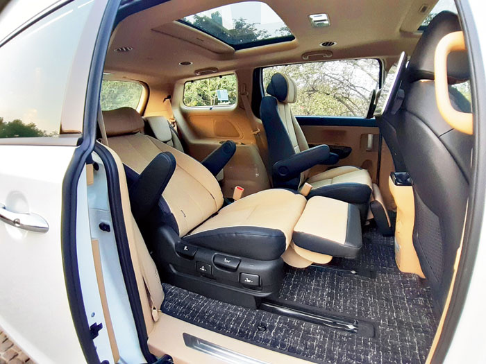 The limousine version comes with VIP seats in the middle row that can recline and is equipped with an extendable leg rest. The seats also move back and forward, as well as sideways to accommodate the various seat set-ups (far right) that can vary for seven to nine occupants.