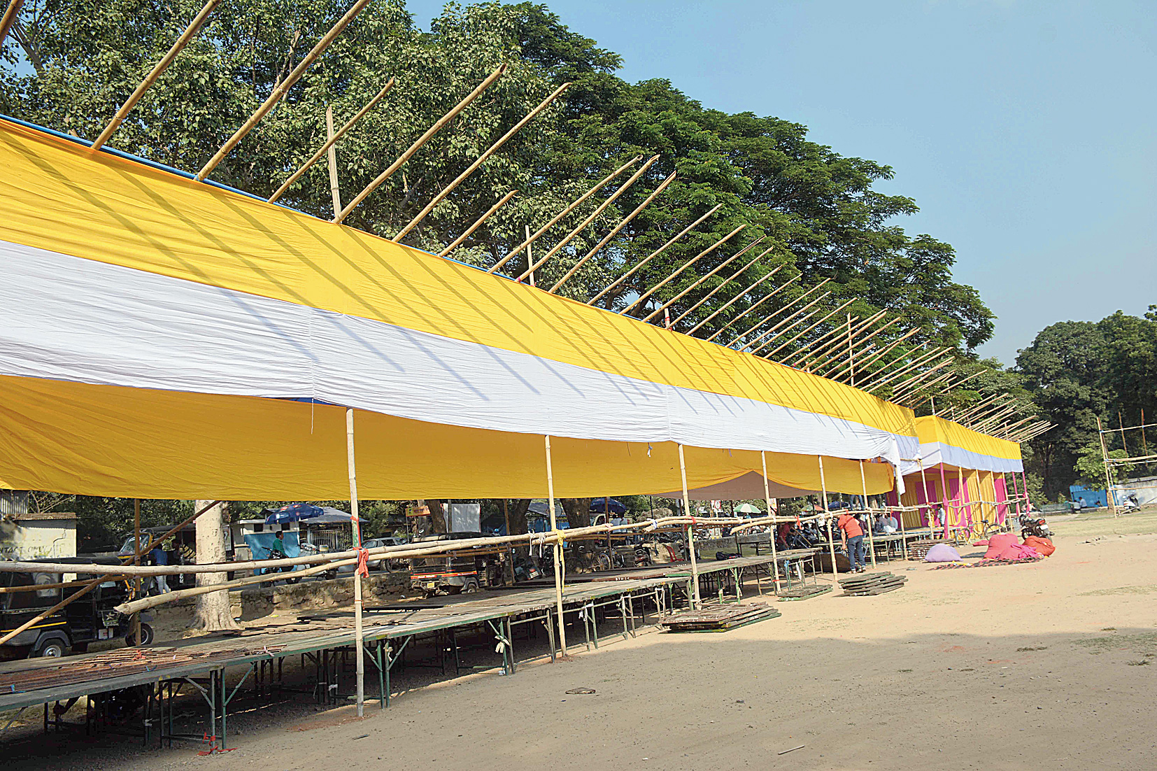 Tents being erected for sale of crackers at Aambagan grounds in Sakchi, Jamshedpur, on Saturday. 