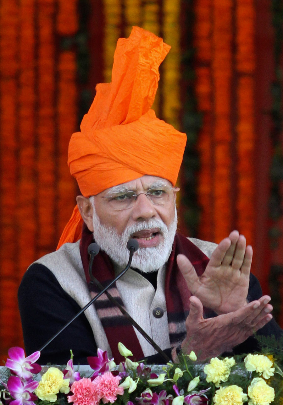 Prime Minister Narender Modi addresses a public rally during his visit at Vijay Pur in Samba district of Jammu and Kashmir on Sunday, February 3, 2019. 