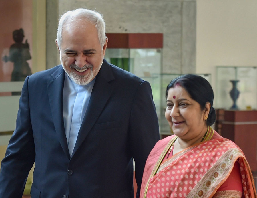 Sushma Swaraj with her Iranian counterpart Javad Zarif in New Delhi on Tuesday. 