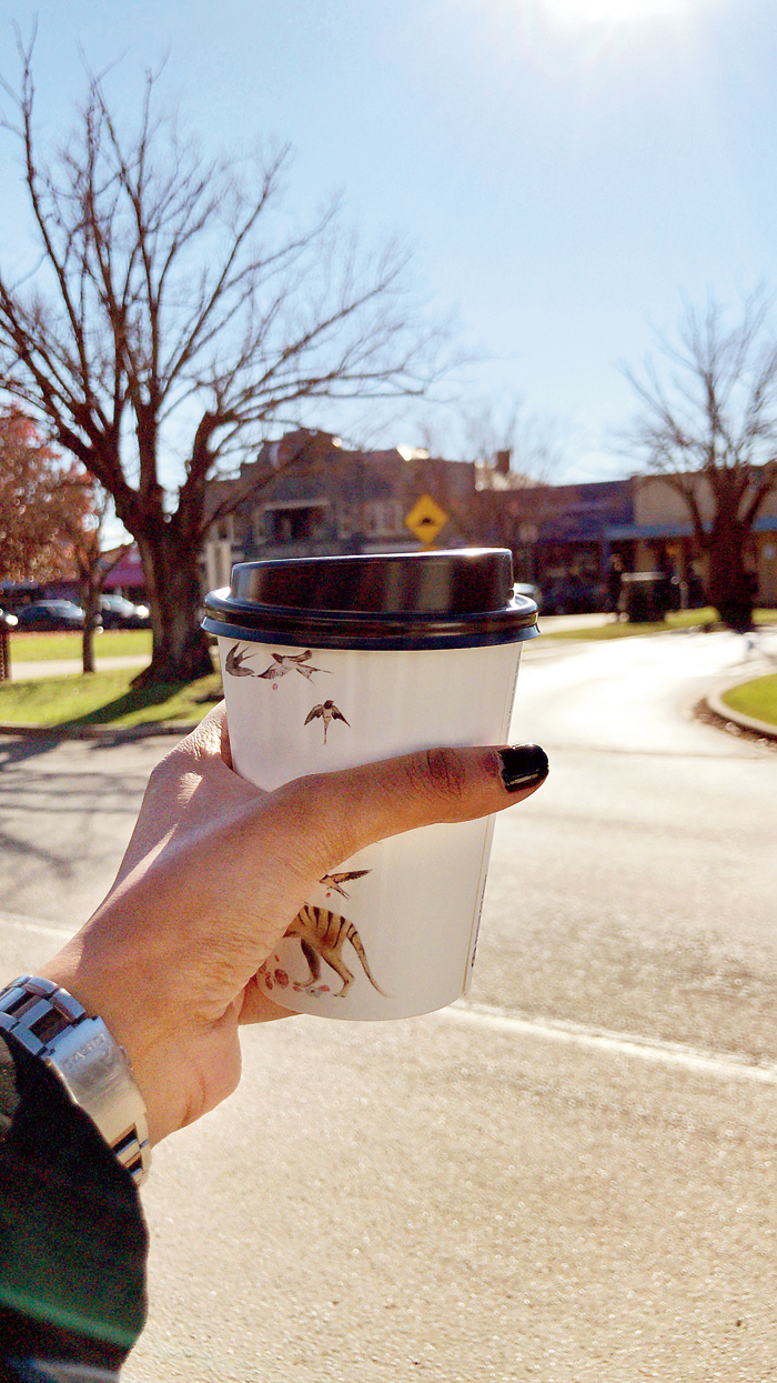 I fuelled up with a turmeric latte from the Mansfield Regional Produce Store in a recycled paper cup with an artist’s work digitally printed on it.