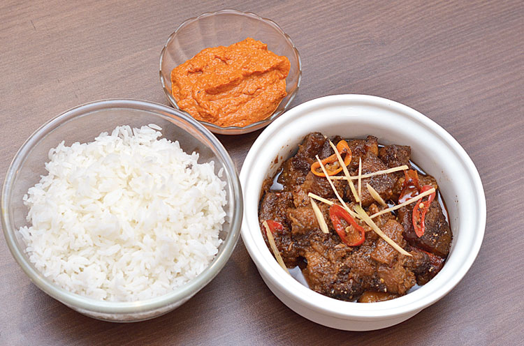 Balinese Braised Pork with Sambal and Sticky Rice by The Oberoi Grand: Inspired by the Asian Games, executive chef Saurav Banerjee came up with this meal using imported pork and traditional Indonesian ingredients like Kecap Manis (sweet soy sauce), bird’s eye chilli, a lot of ginger, cooked in the fat of the pork, served with jasmine rice and the spicy Sambal chilli dip.
