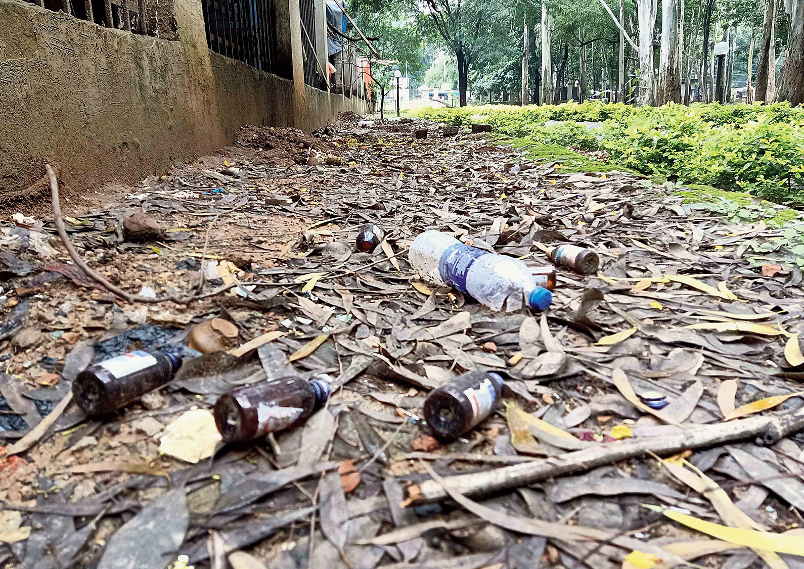 Beer bottles dumped at the children’s park in Morabadi, Ranchi, on Monday.
