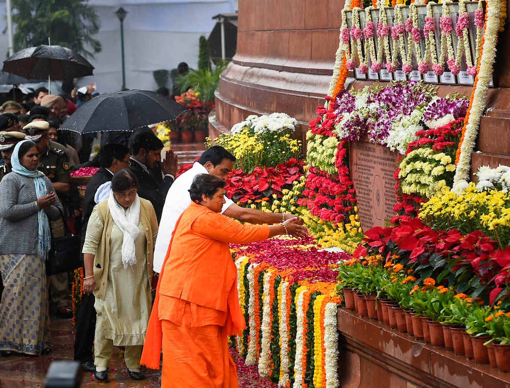BJP MP Pragya Singh Thakur pays tribute to those killed in the 2001 Parliament attack in New Delhi on December 13