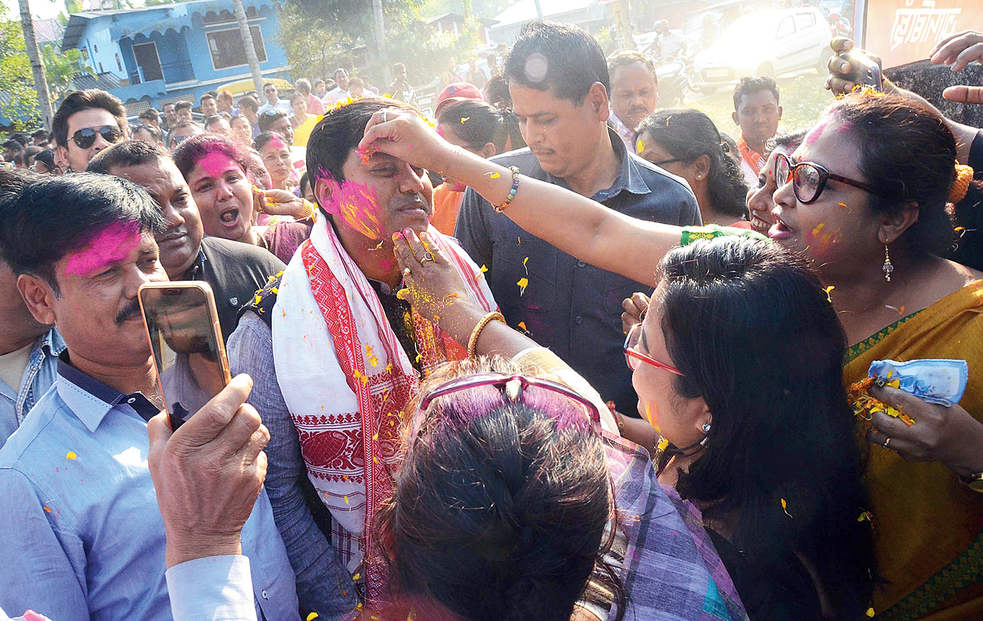 Supporters smear gulal to welcome Pallab Lochan Das on Saturday after he was nominated as the BJP candidate from Tezpur Lok Sabha seat.