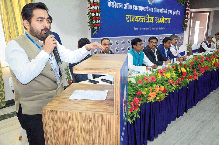 FJCCI president Kunal Ajmani addresses the traders’ conclave in Ranchi on Saturday. 