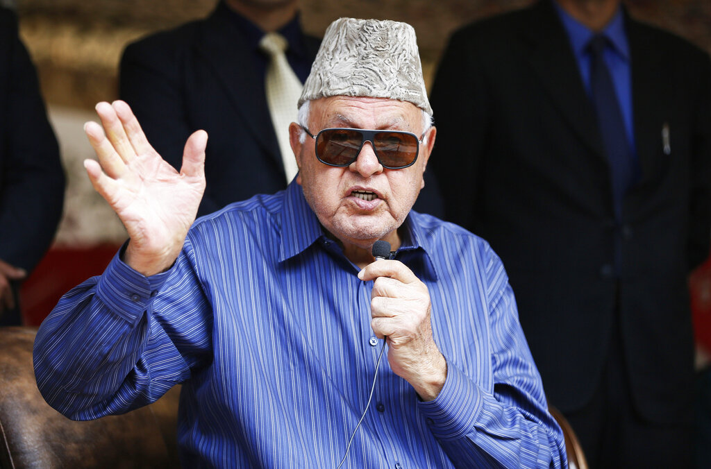 Farooq Abdullah addresses his supporters during an election campaign rally in Srinagar, Jammu and Kashmir on April 8, 2019.