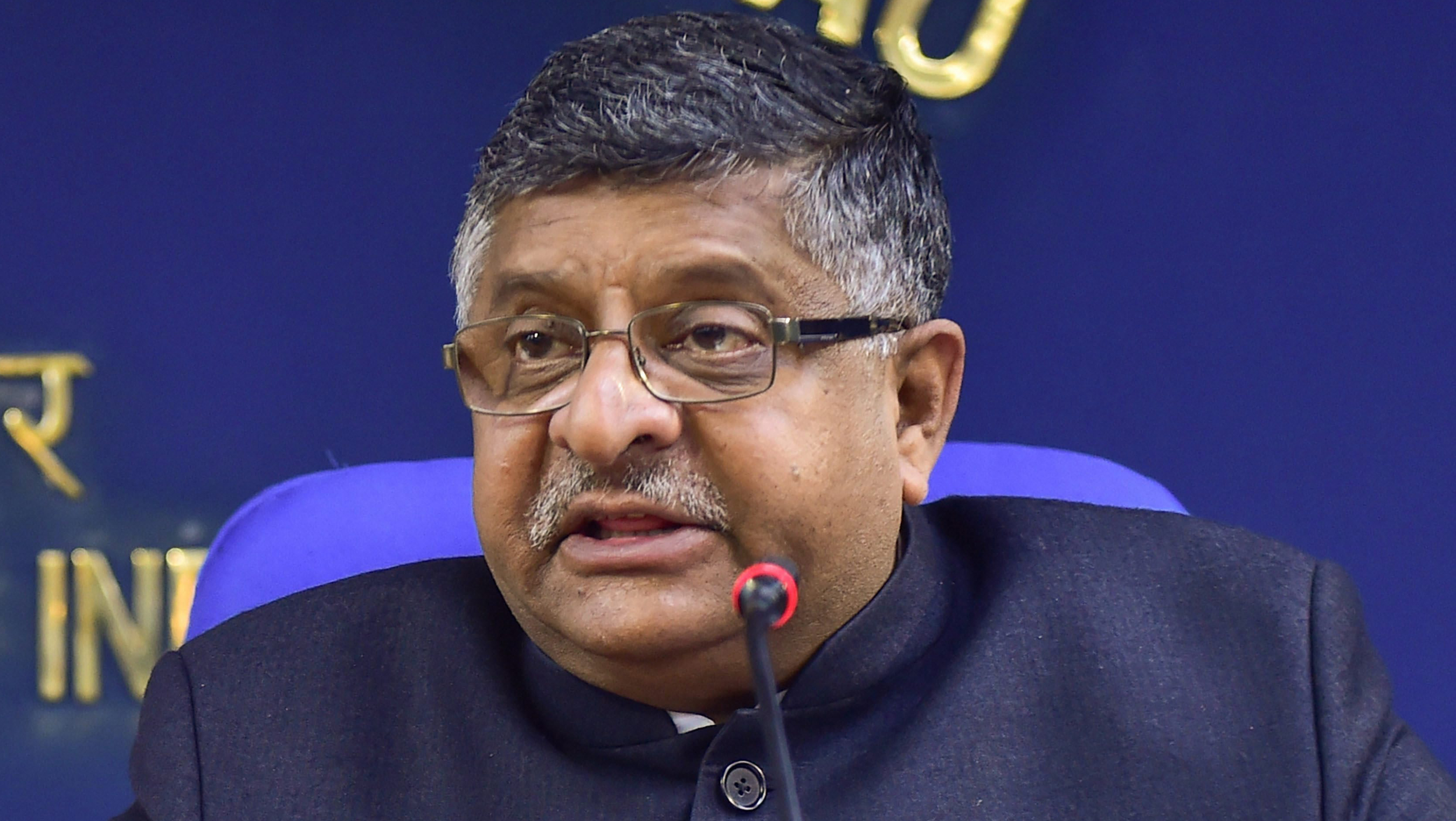 Union law and justice minister Ravi Shankar Prasad at a press conference in New Delhi on Wednesday, Jan 2, 2019. 