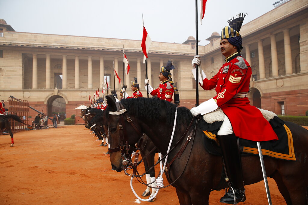 Presidential bodyguards wait to welcome US President Donald Trump for a ceremonial welcome at Rashtrapati Bhavan, the presidential palace, in New Delhi, India