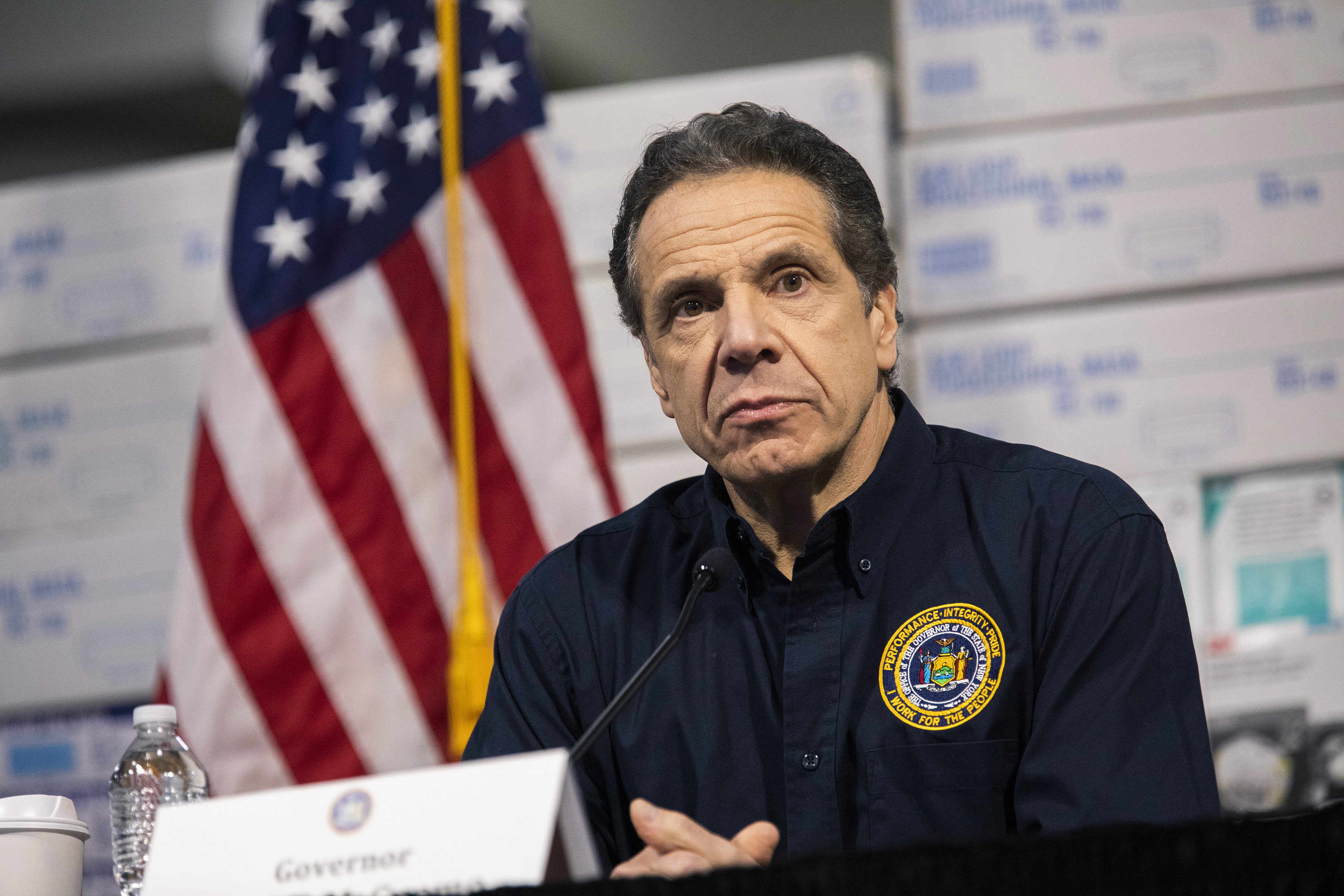 New York Gov. Andrew Cuomo speaks at a news conference at the Javits Center in New York, Tuesday, March 24, 2020, where the Army Corps of Engineers is turning the convention center into a 1,000-bed emergency hospital. With his coronavirus briefings, Gov. Andrew Cuomo has emerged as an authoritative voice in the crisis.