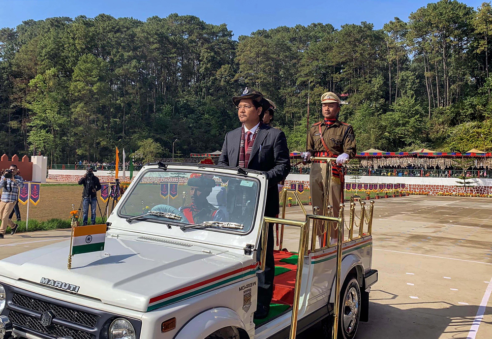 Meghalaya chief minister Conrad K Sangma at the passing-out parade of the 46th batch of trainee DSPs and sub-inspectors at the Northeast Police Academy in Shillong on December 21