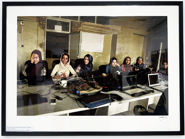 A photograph of women engineers at work to restore the Darul Aman palace near Kabul