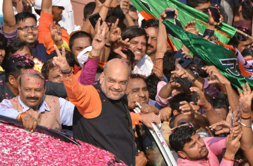 BJP president Amit Shah arrives at the BJP headquarters on May 23, 2019.