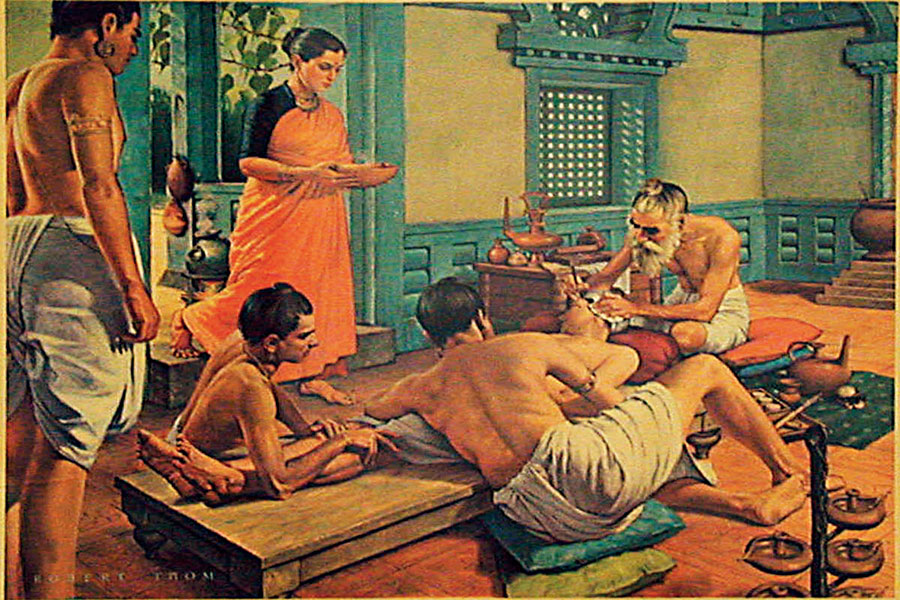 cutting edge: An artist’s depiction of Sushruta cutting flesh from a patient’s cheek to fashion an ear lobe. His text on surgery details this procedure