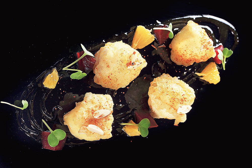Brie Tempura With Plum Sauce, Pickled Beetroot, Toasted Almonds and Shichimi Togarashi
