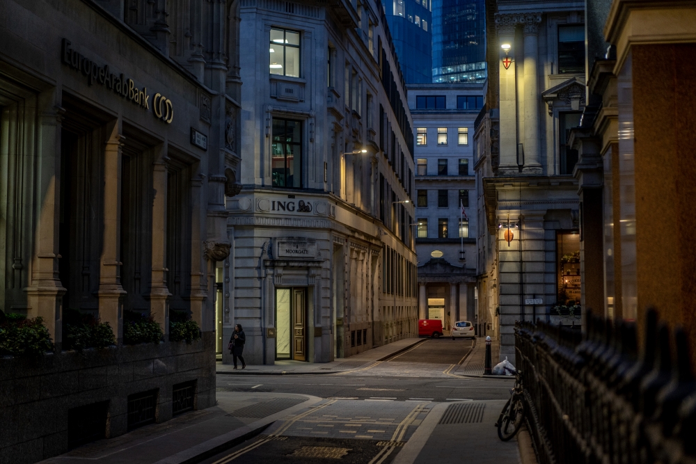 An empty street during rush hour in the city of London, March 18, 2020