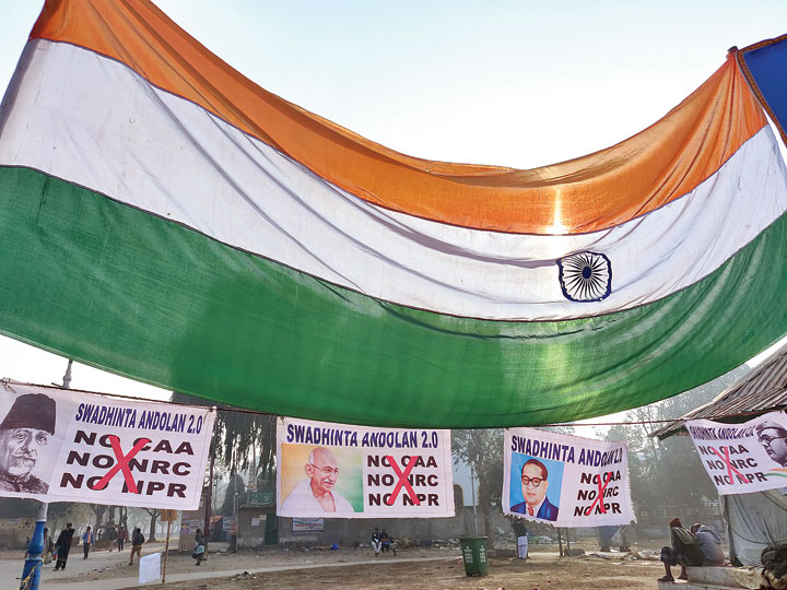 Tricolour and banners against CAA, NRC and NPR